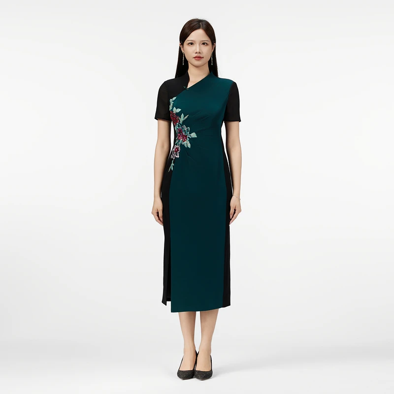 SUSSI/古色中式拼色贴花前不对称立领短袖连衣裙