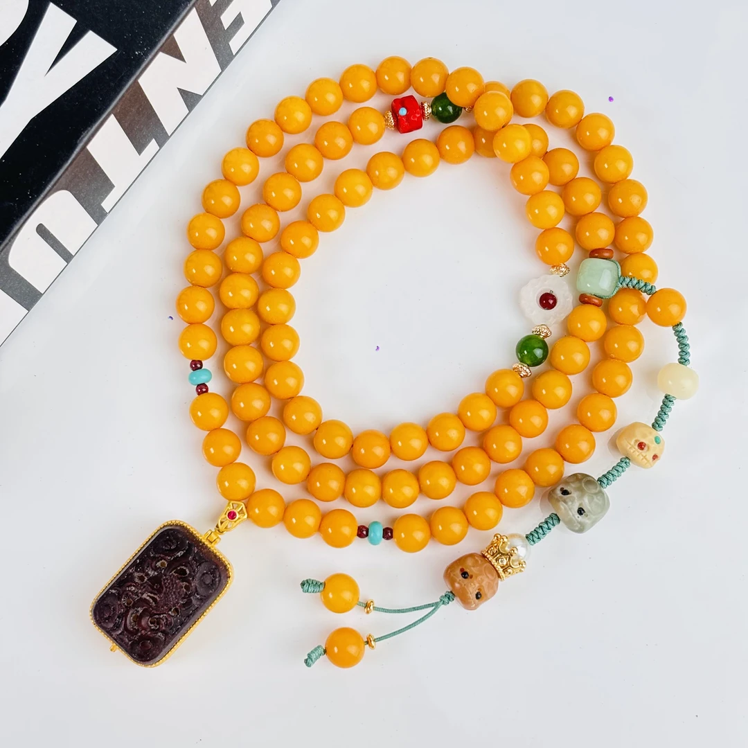 A190-【金玉满堂】黄菩提手串镂空方牌毛衣链跑环项链手链佛珠车挂