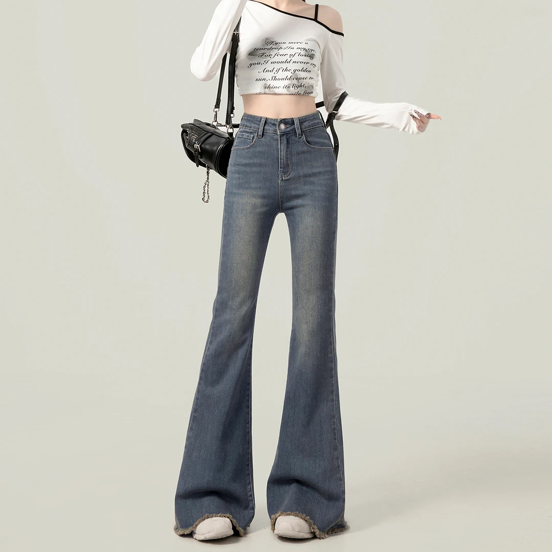复古蓝色微喇牛仔裤女爆款2025秋季新款秋季毛边高腰显瘦喇叭裤子