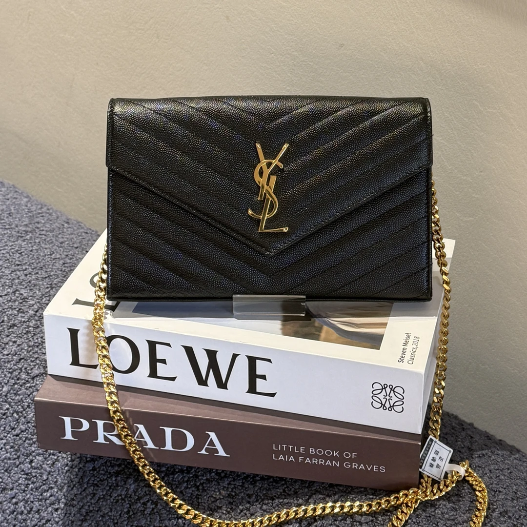 99新 YSL/圣罗兰 信封包 黑金中号 荔枝牛皮 链条包