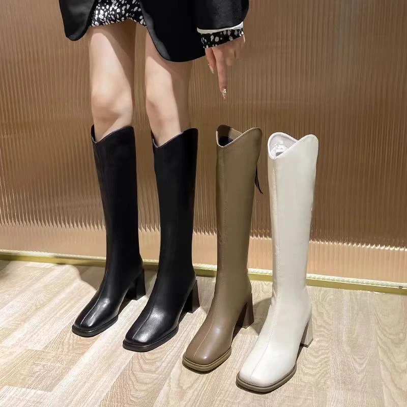 小个子长筒靴女秋冬新款V口粗跟高跟不过膝高筒骑士瘦瘦靴M715-1C