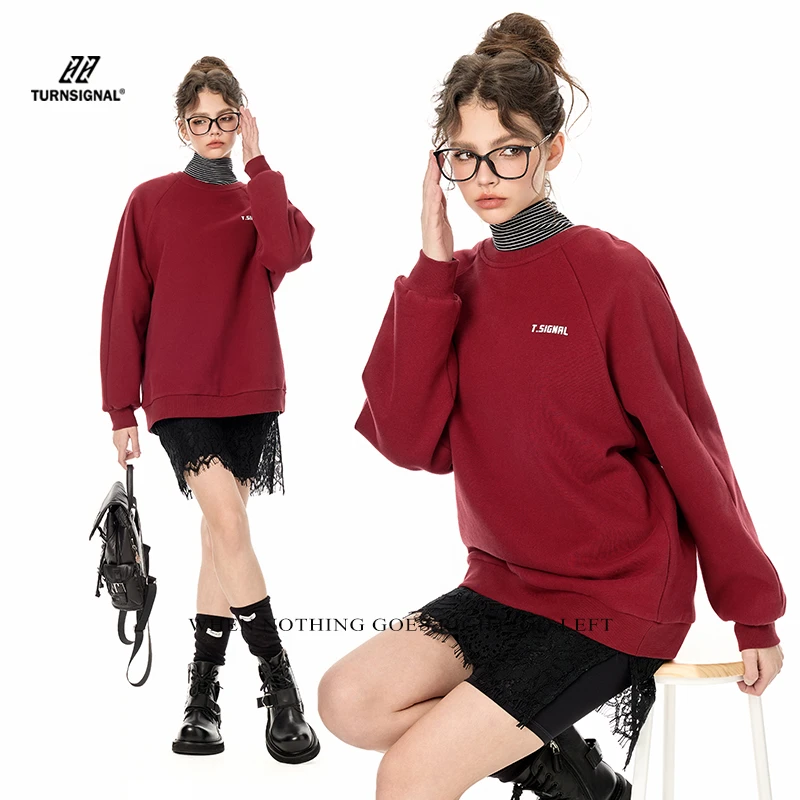 TurnSignal潮牌加绒插肩袖卫衣女秋冬新款休闲宽松圆领加厚洛