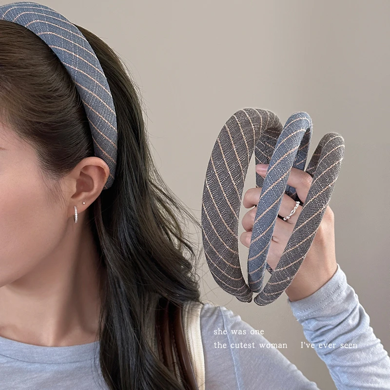 简约细条纹麻格发箍百搭外出高颅顶头箍女复古压发发卡宽边发捆