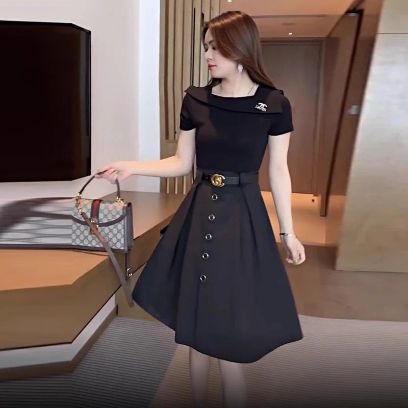 拉夏贝尔 连衣裙女2025夏季新款时尚洋气显瘦遮肉中长款短袖A字裙