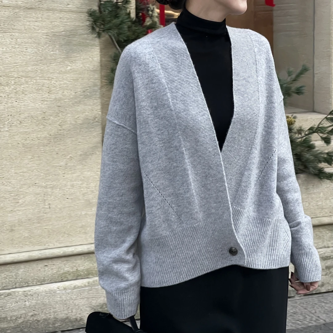 IMLINCONTE【贝尔毛衣】高智感V领斜扣羊毛开衫ZS42ZZ872