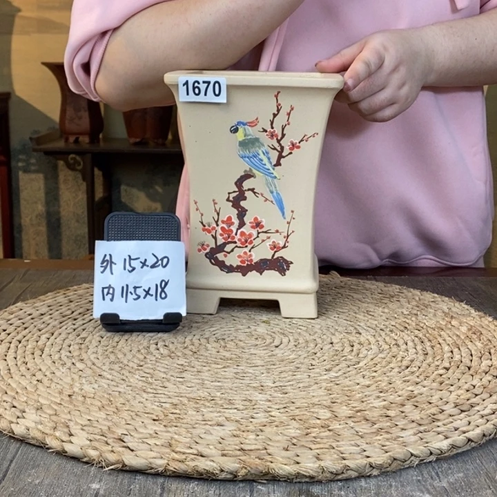 紫砂花盆  白玉段梅花彩绘束腰1670