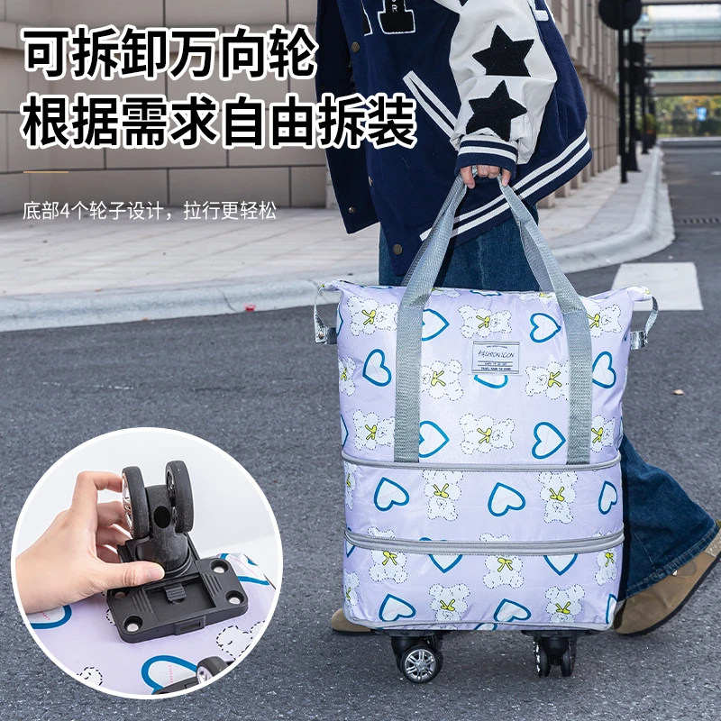 三层带轮加厚材质双开旅行健身包女短途出游旅行袋手提大容量收纳