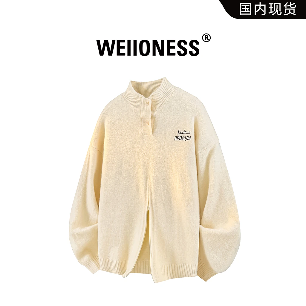 WEIIONESS时尚休闲毛衣男士冬季半开领潮流针织衫慵懒风轻奢男装