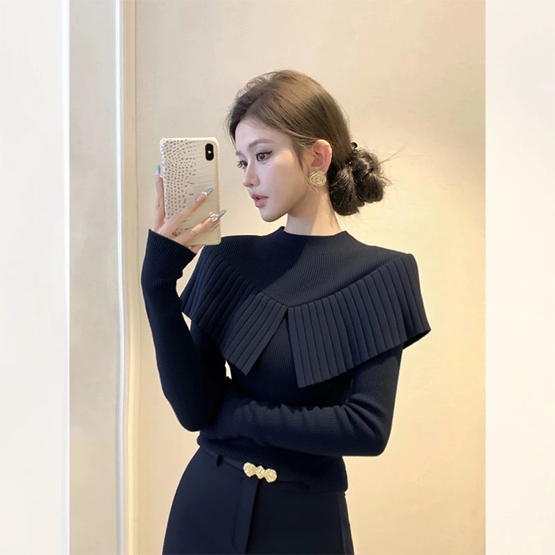 洋气设计小众衣服女装新款潮牌秋冬内搭藏蓝色斗篷披肩针织衫上衣