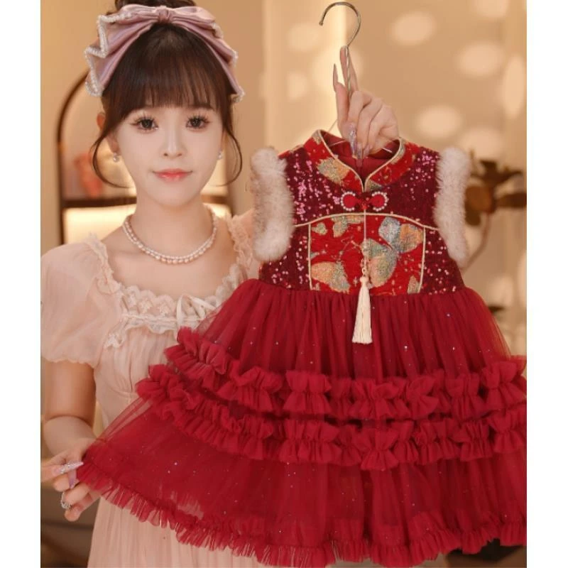 【现货】【Y.a56403】2025新款女宝加厚洋气网纱背心裙加绒套装拜年服