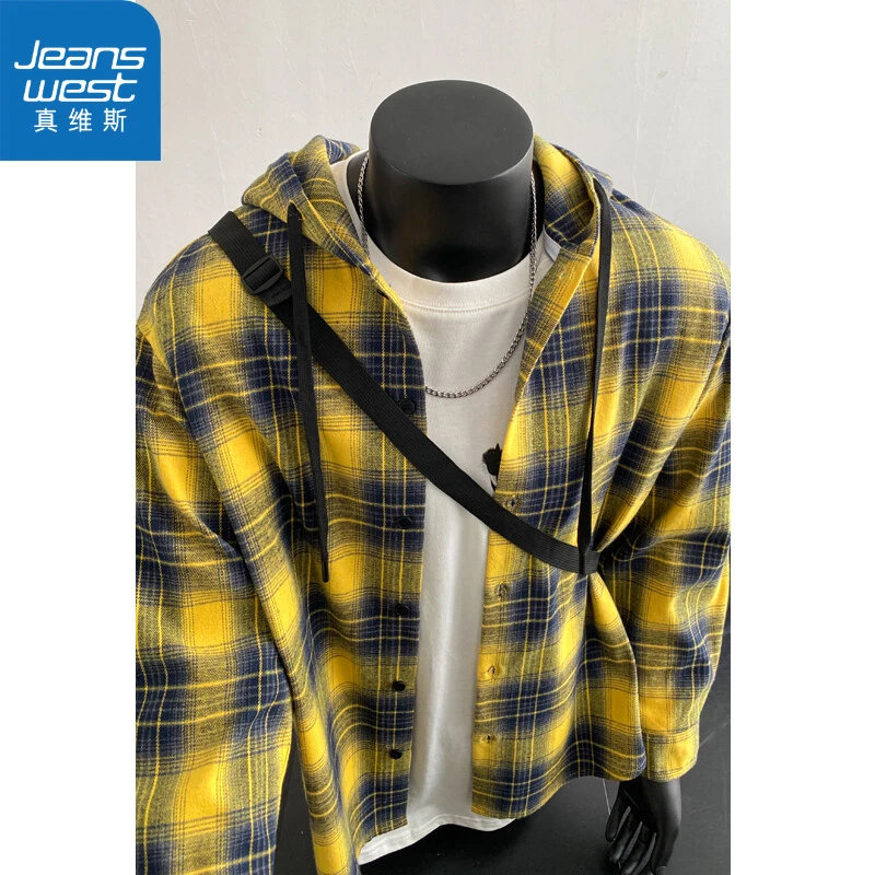 真维斯复古长袖格子衬衫男连帽春秋季cleanfit格纹衬衣磨毛外套