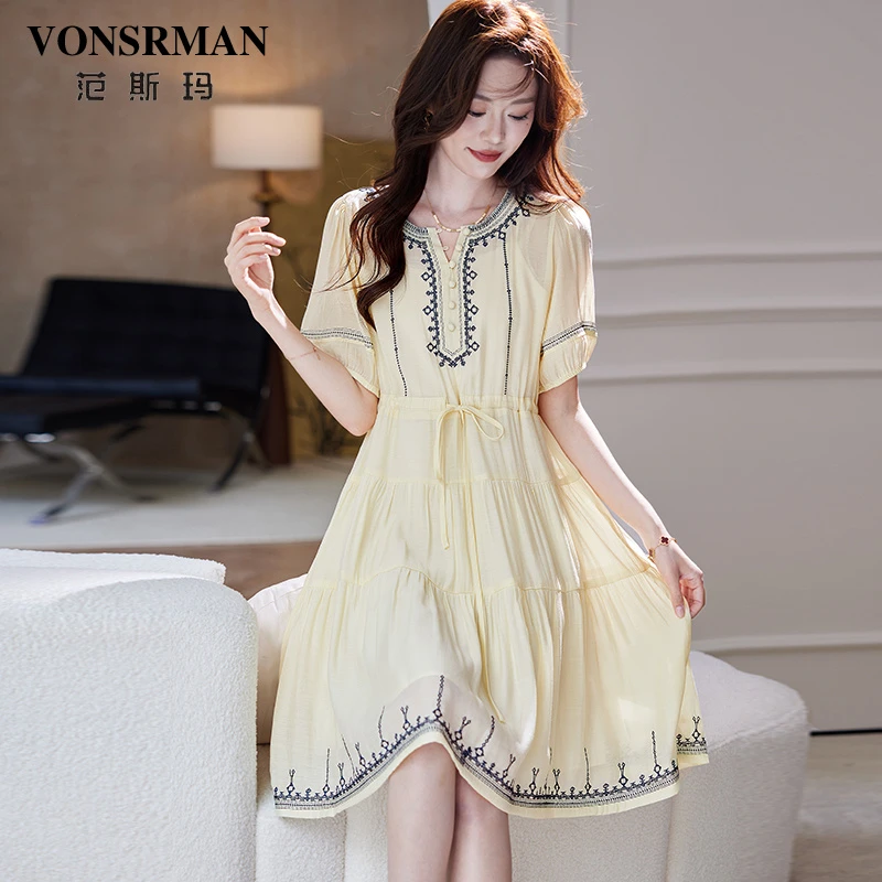 VONSRMAN泡泡袖刺绣收腰连衣裙女2025夏季优雅气质休闲简约雪纺裙