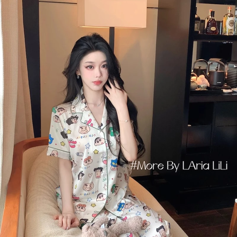 【缎面好面料】【短袖3件套蜡笔小新】显白睡衣夏季短袖软丝女家居服