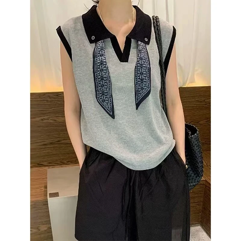 撞色翻领丝巾系带棉质短袖