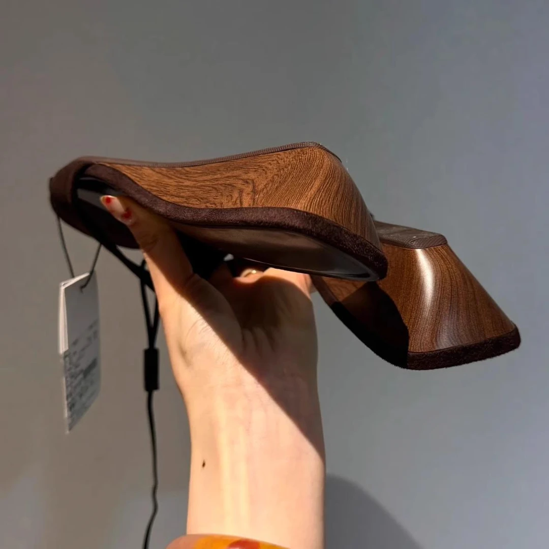 真皮版 绝美木纹坡跟真皮高跟拖鞋女秋冬法式轻奢小拖一字半拖鞋