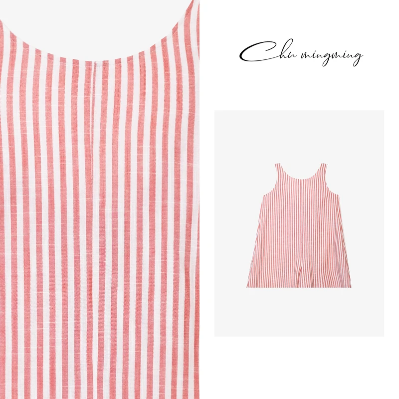 【CHU/2024SSNEW】原创设计薄款时尚夏季无袖亚麻条纹连体裤2479-1