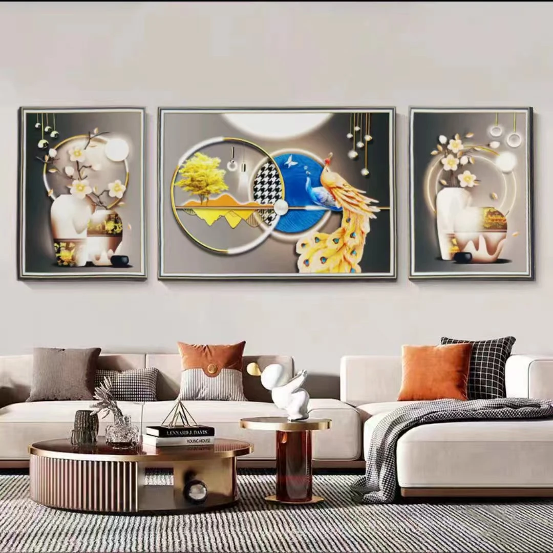 6104【孔雀】客厅沙发背景装饰画三联组合壁画装饰画