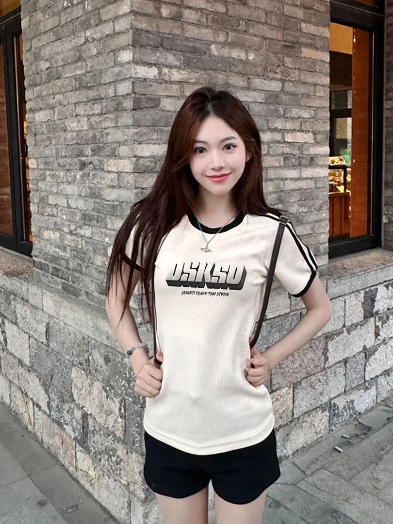 ins美式辣妹三条杠新款正肩短袖女学生夏季修身显瘦遮肉休闲上衣