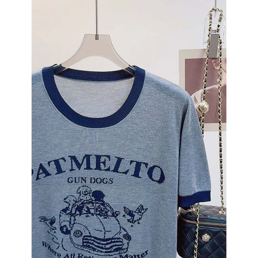 B1002【线下同款】100%莱赛尔~高定版！夏季短袖英文911提花女针织衫