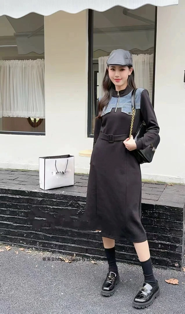 【Y3446】拼接牛仔帅气假两件收腰垂感秋冬显瘦连衣裙立领通勤