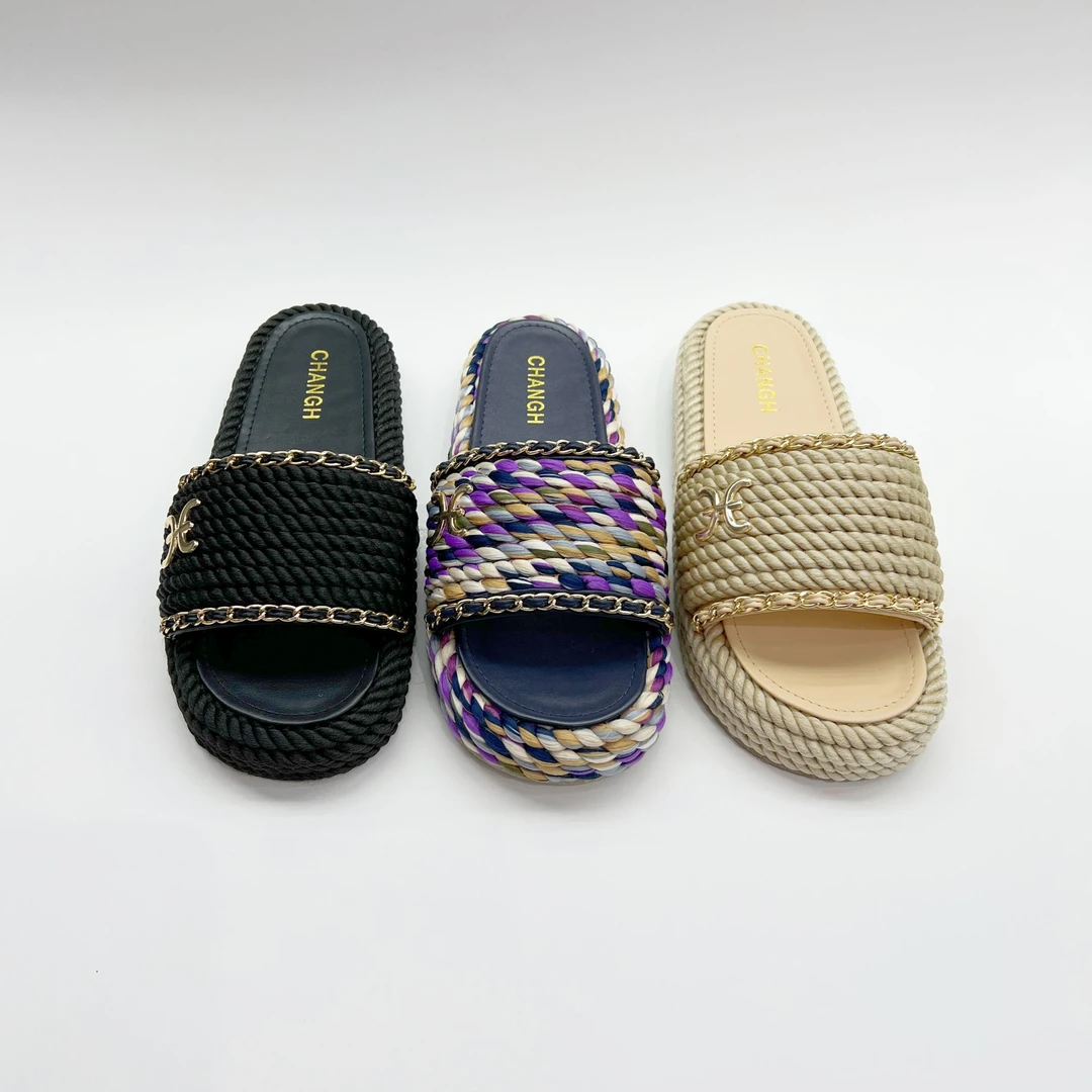 2025春夏新款编织外穿拖鞋女芥末女拖小香风紫色拖鞋百搭女款链条