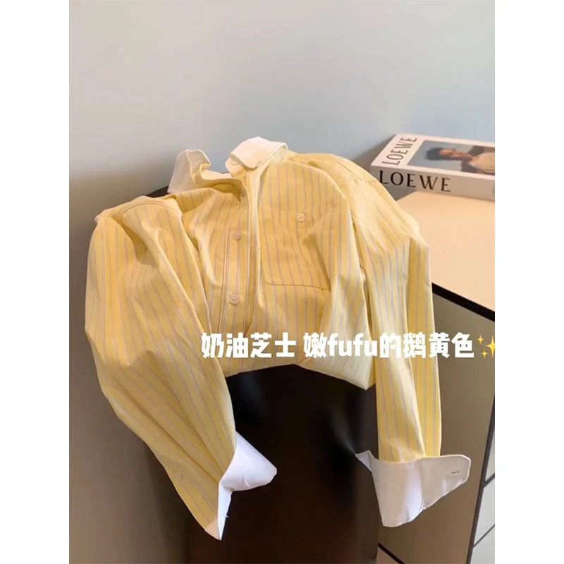 早春新款休闲百搭时尚设计感拼色长袖衬衫上衣条纹纽扣个性衬衣女
