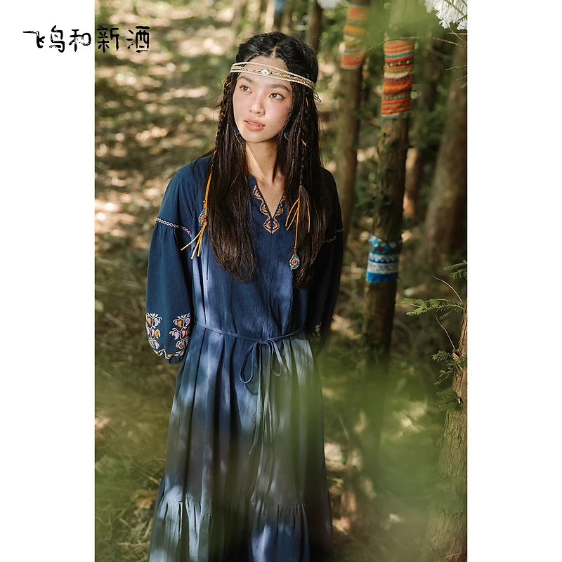 【平子】波西米亚风绣花连衣裙女秋季小立领显瘦女裙FD450182043