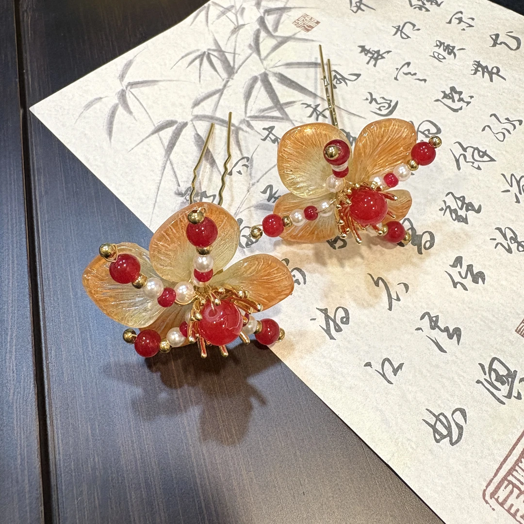 【云鬓花颜阁琉璃发钗】 金烬流珠对钗新中式爆款汉服古风发饰B174