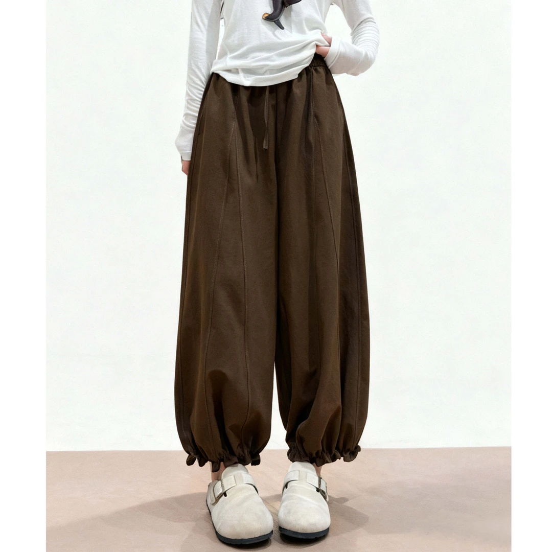 2025早秋小个子休闲裤女大码胖mm高腰显瘦垂感阔腿九分花苞灯笼裤