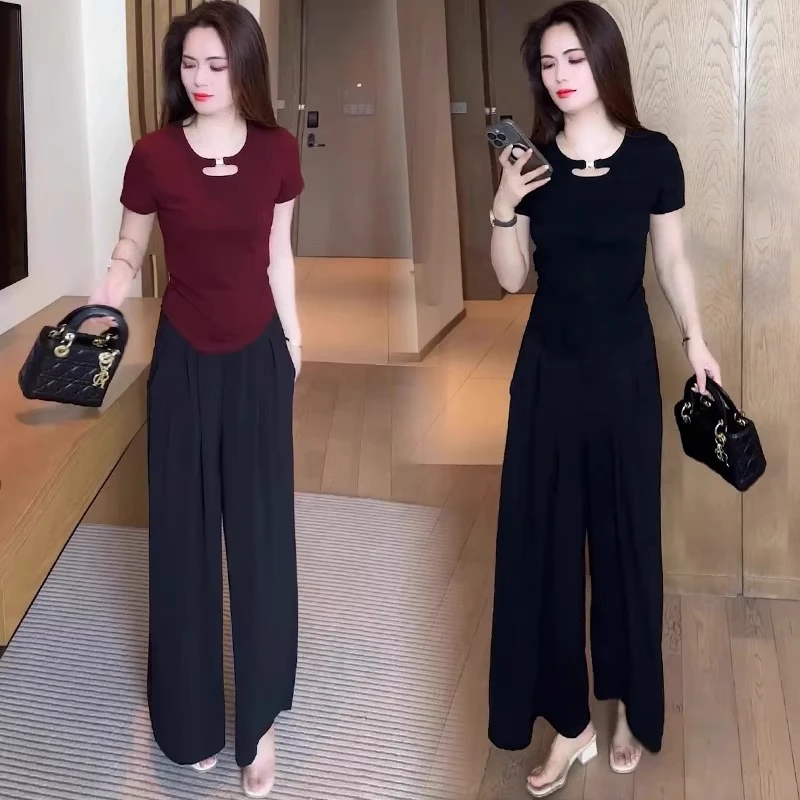 时尚套装女2025夏季新款洋气显瘦短袖T恤高腰阔腿裤休闲两件套潮