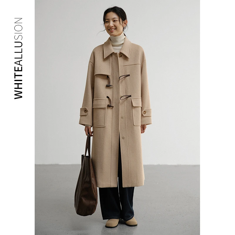 清仓【1436】牛角扣大衣冬复古时尚气质翻领毛呢外套小个子