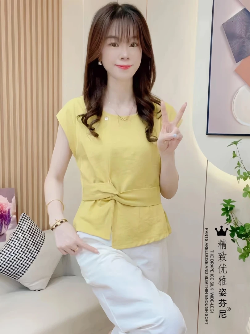 小个子时尚短袖衬衫女夏季新款气质显瘦体恤衫宽松遮肚子圆领上衣