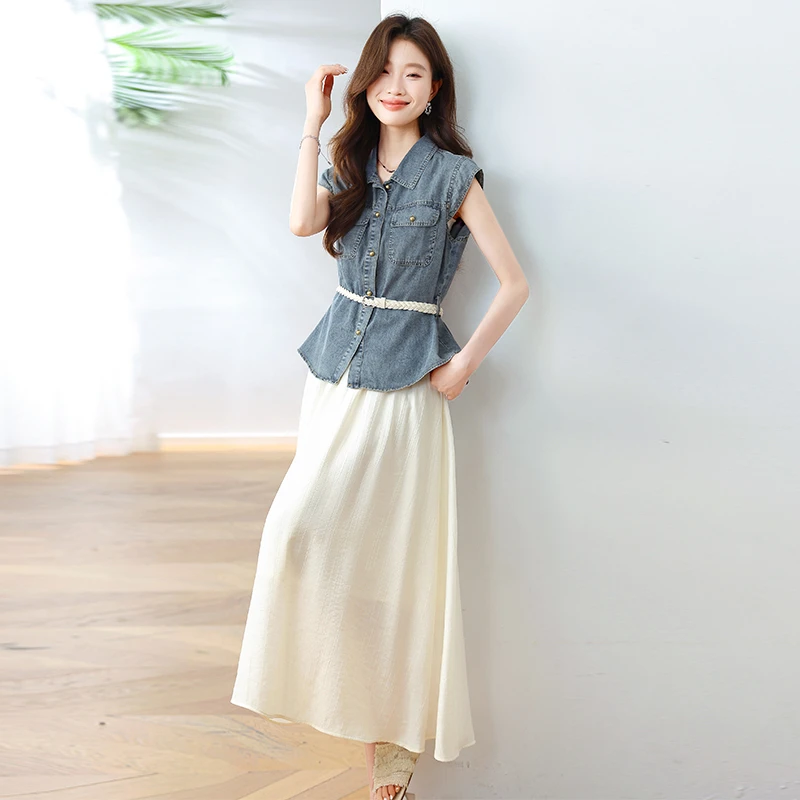 薄牛仔衬衣马甲无袖上衣+A字半身裙两件套时尚通勤洋气夏季女装