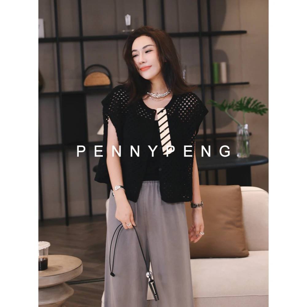 PENNYPENG仲夏夜色【现货】早春洋气休闲织带装饰镂空钩编短款罩衫