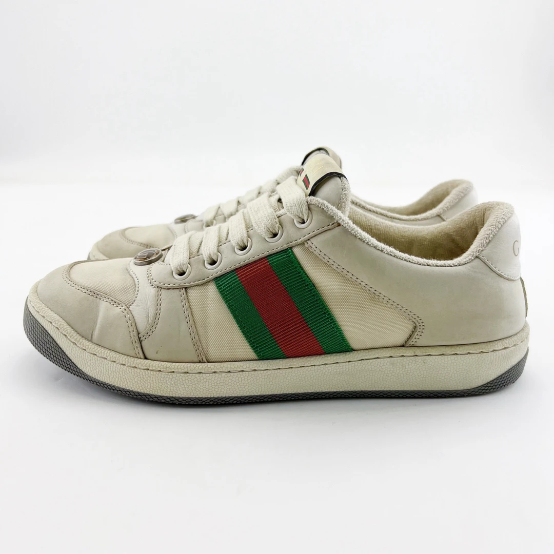 95新 GUCCI/古驰 37.5码/米白色皮革帆布珐琅低帮脏脏鞋/16073447