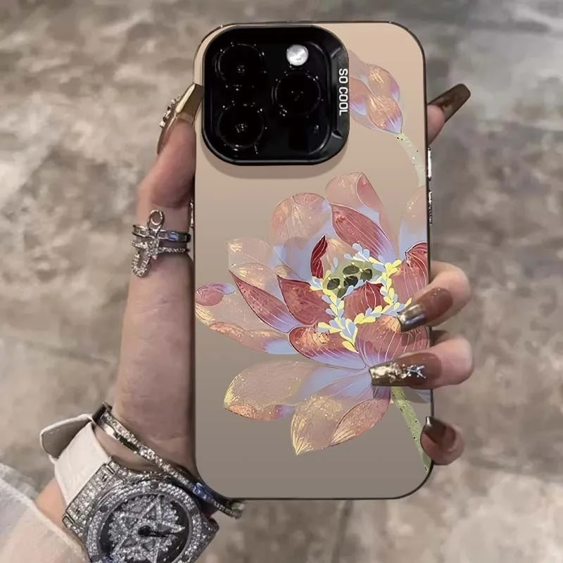 撞色元气金粉莲花适用于苹果16手机壳iphone15华为小米vivo防43女