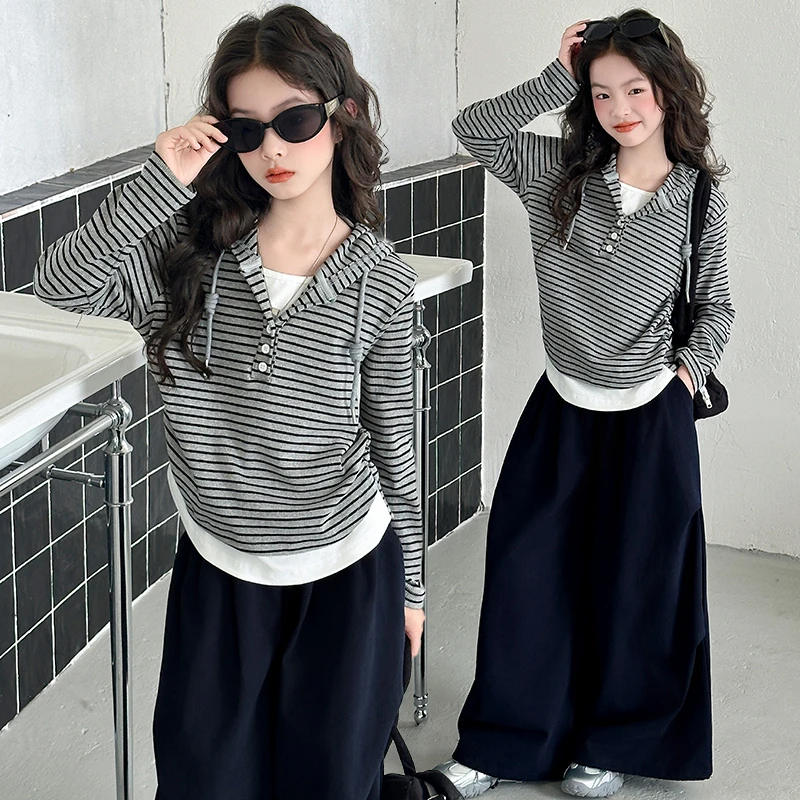 女童春秋款套装新款中大儿童洋气时髦假两件帽衫阔腿工装裤两件套