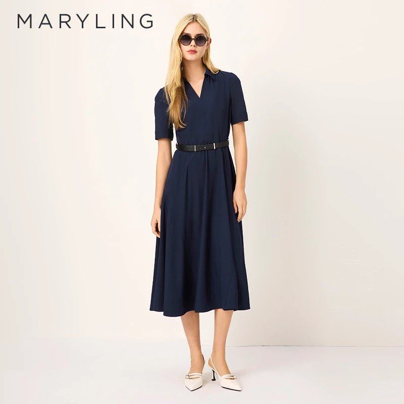 MARYLING玛俪琳2025优雅通勤翻领V领短袖大伞摆连衣裙A1FCW62270