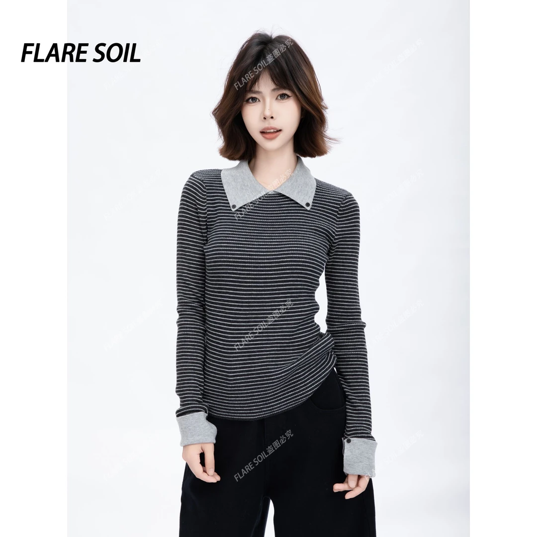 【FLARE SOIL】衬衫领条纹针织衫拼接撞色翻领ins风修身毛衣 T4790A
