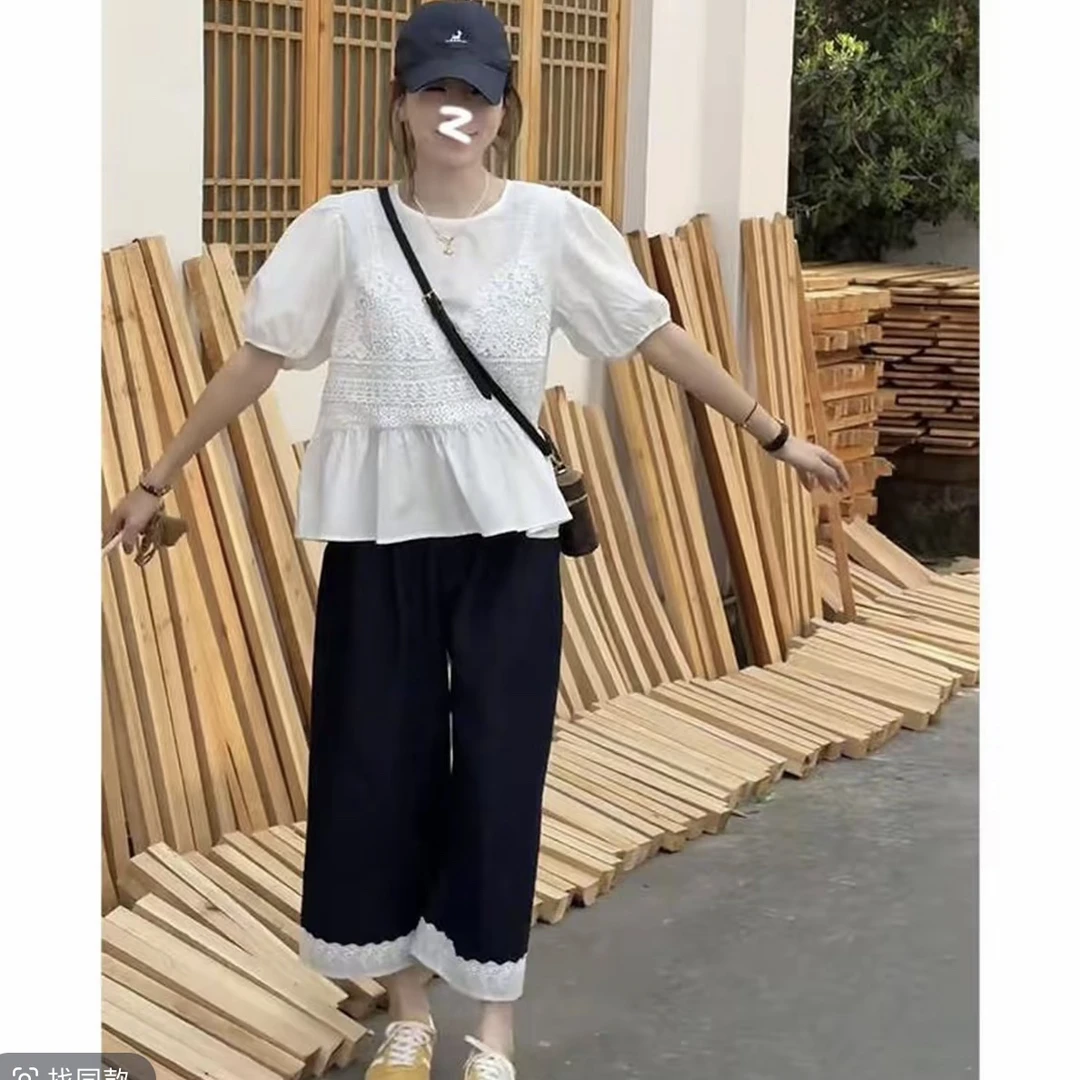 大码夏季新款蕾丝边休闲裤花边裤宽松百搭小众洋气阔腿九分裤