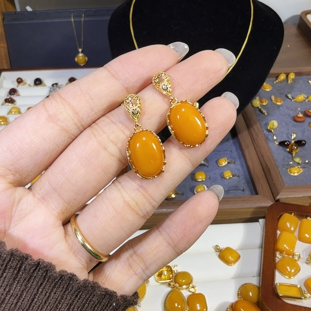 蜜蜡银S925镀金镶嵌耳饰蜜蜡耳饰