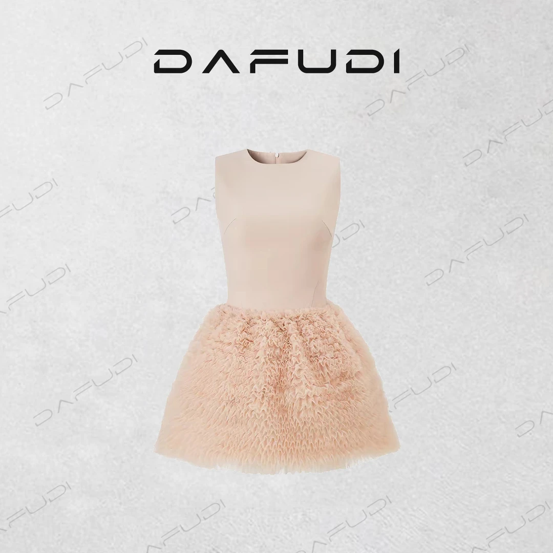 达芙笛【连衣裙】无袖拼接蛋糕裙/气质圆领网纱蓬蓬裙a字裙短Z6747