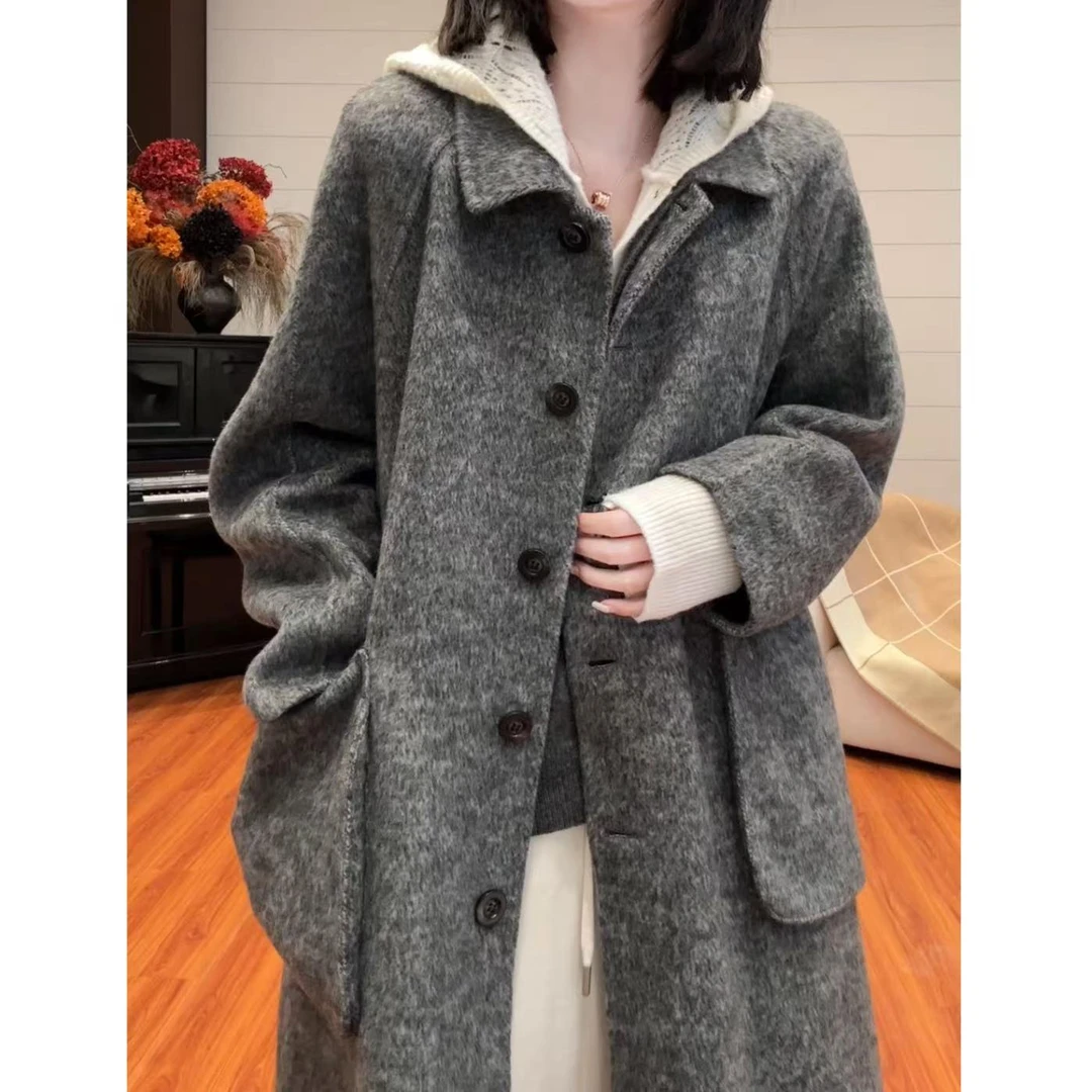 2025女士毛呢外套双领拼接毛呢女西装网红休闲秋冬呢大衣
