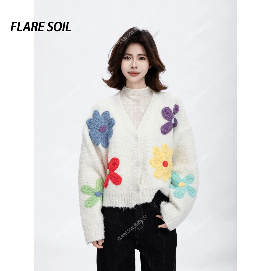 【FLARE SOIL】刺绣花朵开衫毛衣针织开衫V领百搭外套 T4783A