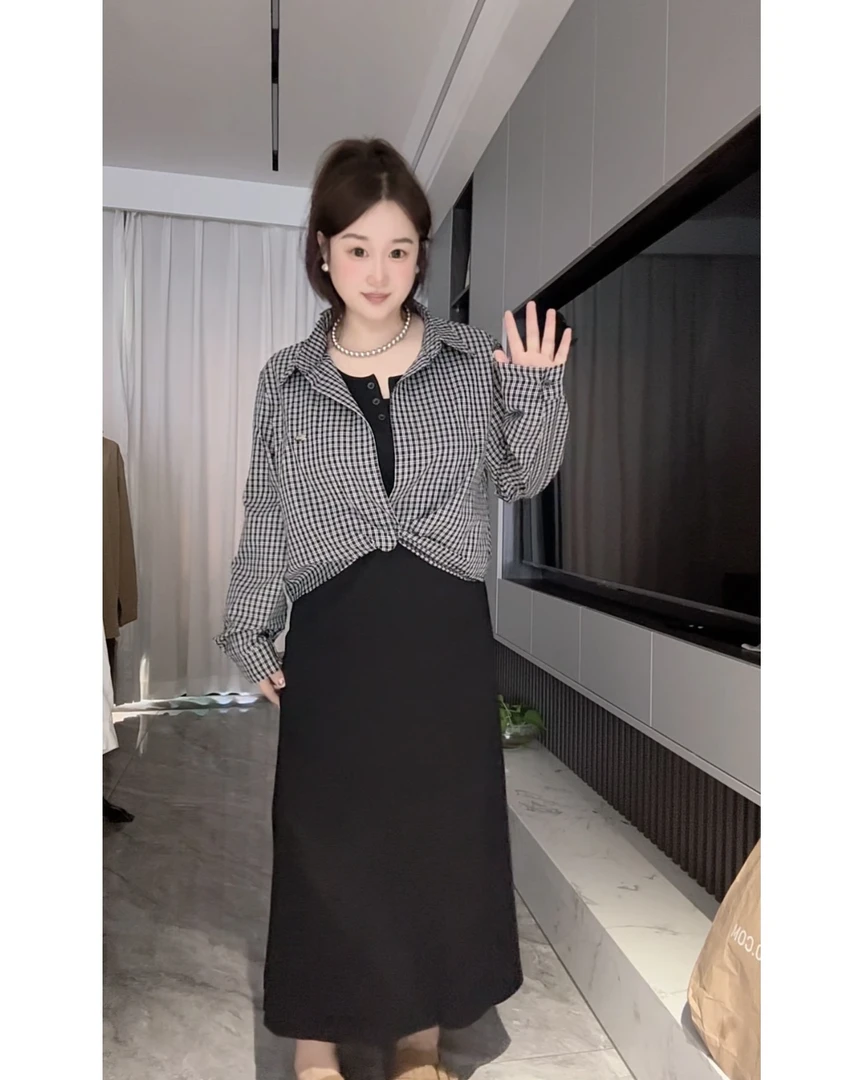 「小吴家」早秋新款休闲扭结衬衫吊带裙百搭显瘦气质两件套