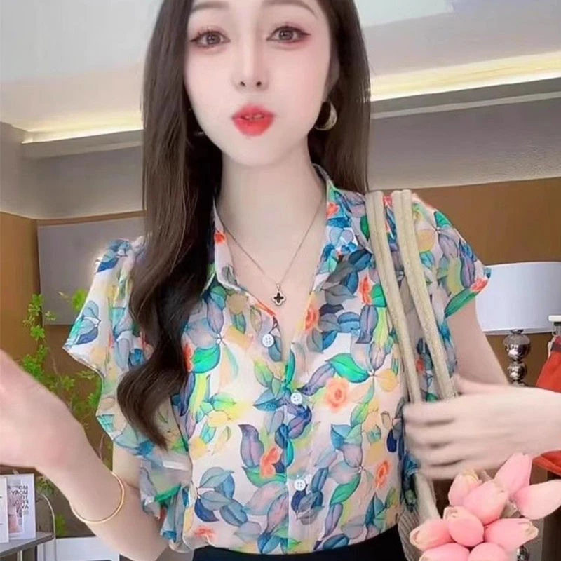 时尚洋气时髦碎花POLO领短袖衬衫女夏季新款气质复古修身百搭上衣