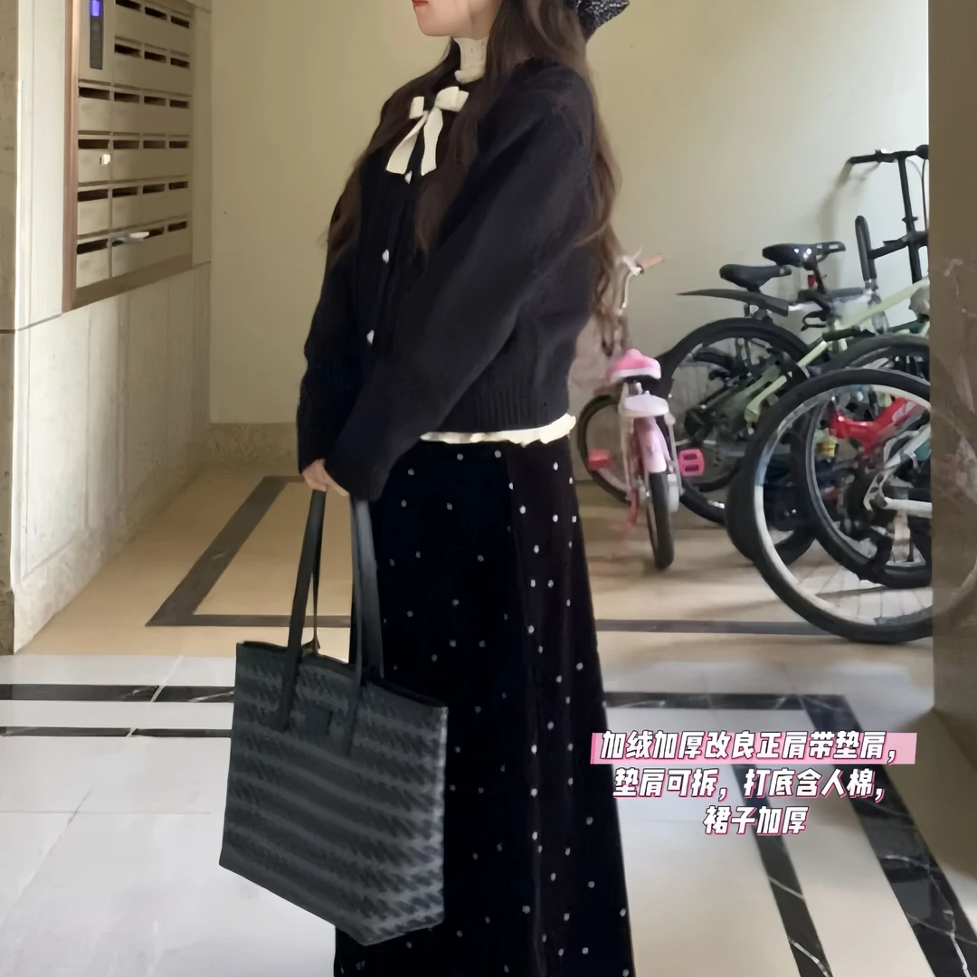 雯雯子定制法式学院风气质套装波点长袖秋冬复古丝绒半身裙三件套