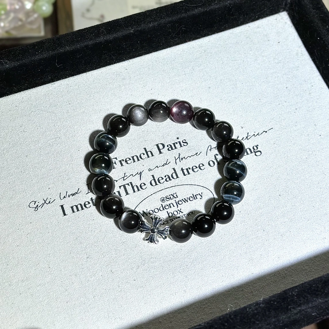 《霸道总裁》天然银曜+蓝虎+紫锂云母手串 10mm