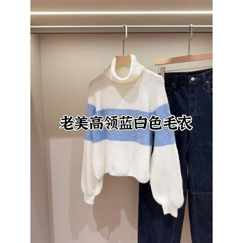 蓝白配色！清清爽爽~ 拼色高领针织毛衣女