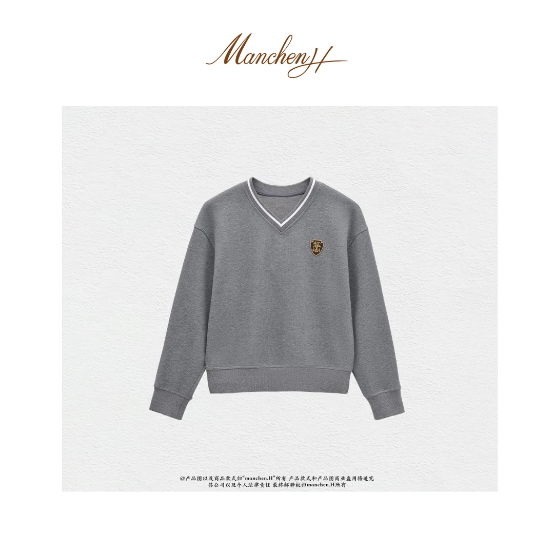 曼辰manchenh“皇家学院”客订面料老钱风V领百搭卫衣